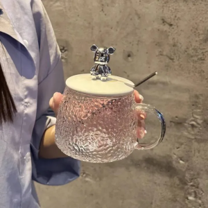 1 Piece Cute Glass Cup Creative 3D Bear Lid Design With Spoon Breakfast Coffee Milk Juice Mugs