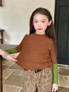 Color Block Knitted Slim Fit Base Shirt for Girls Autumn New Style Childrens Inner Wear Top Versatile Match Korean Style T-shirt