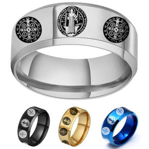 yumei | Saint Benedict of Nursia Catholic Church Christianity Ring Stainless Steel 4 Color Jesus Exorcism Cross Ring for Mens Gift