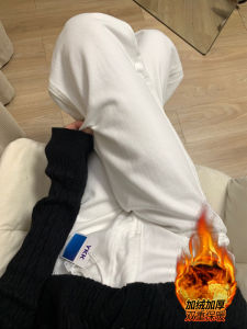 สูง เอว ขากว้าง ผ้าขนแกะ เรียงราย หนาขึ้น เดนิม กางเกง ผู้หญิง ฤดูใบไม้ร่วง ฤดูหนาว Loose Drapey พรางหุ่น กางเกงยีนส์ขาตรงยาวพื้น