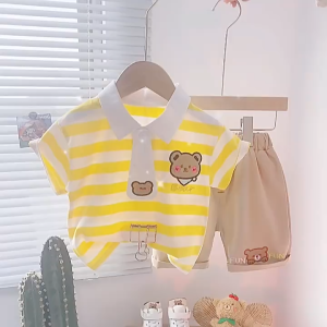 Summer New Fashion Boy Suits Polo Shirt Striped Tie Bear Short Sleeve Two Piece Set