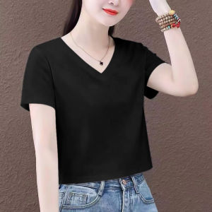 เสื้อยืดแขนสั้นผ้าฝ้ายคอวีสําหรับผู้หญิงสไตล์ฤดูร้อนใหม่เวอร์ชั่นเกาหลีขนาดใหญ่หลวมพอดีแลดูผอมลําลองพิมพ์ด้านบน