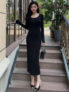 Spring Autumn Long Waist-Cinching Base Layer Dress Wrap Body Slim Dress Elegant Square Collar Long Sleeve Body Long Dress