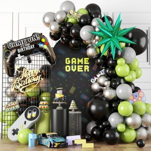 106-Piece Set of Electronic Game-Themed Balloon Arch Set Green and Black Balloon Arch Light Gray Latex Balloons Game-Themed Birthday Party Mens Bachelor Party Decorations