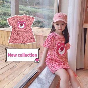 สไตล์ใหม่ ชุดเดรสแขนสั้น ชุดเดรสเด็กผู้หญิงเดรสชมพูเสือดาวสกรีนหน้าน้องหมี CicaKids
