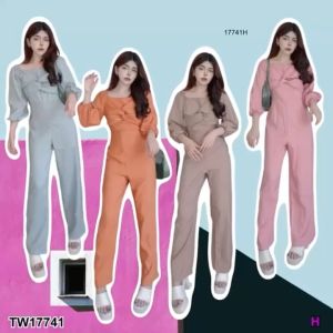 TW17741 Jumpsuit จั้มสูทขายาว แขนพอง อกแต่งผ้าม้วน