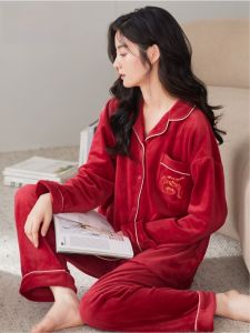 Plandoo Island Velvet Thickened Fleece Womens Sleepwear Winter Home Clothes Red Coral Velvet Soft Pure Color Sweet Style Home Suit