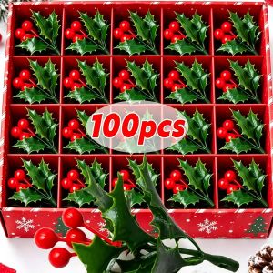 10/100pcs nhân tạo holly quả mọng đỏ Pick với lá xanh vòng hoa giáng sinh Vòng Hoa bó hoa Tự làm Berry giả Cây tầm gửi sprig cung cấp