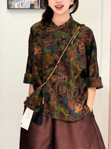 QINGNAER | Retro Royal Style Large Size Women Shirt Printed Contrast Color Collar