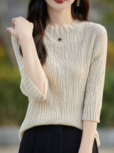 Texture Sense Elbow Sleeve Sweater Womens round Neck Pullover Half-Sleeve Base Thin Sweater French Style Design Half-Sleeved Shirt