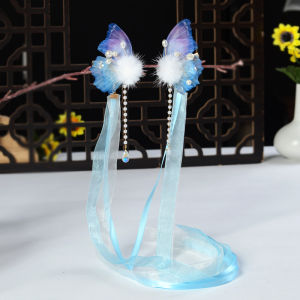 Little Girls Chinese Style Girls Hairpin Headdress for Han Chinese Clothing Antique Hair Accessories Kids Butterfly Ribbon Performance a Pair of Hairclips Accessories