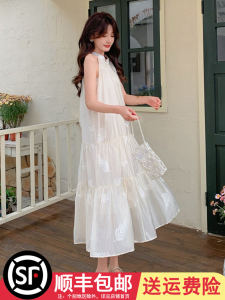 French Lace Embroidery White Off-Shoulder Summer Dress Womens Sweet Fairy Long Gown A-Line Midi Skirt No Sleeve Comfortable Fit