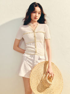 MaxRieny Slim Fit V-Neck Knitwear Textured Summer Lightweight Womens Fashion Comfortable Soft Short Sleeve Single Button Closure