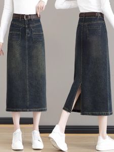 กระโปรงยีนส์ทรงเอเอวสูงสไตล์เกาหลีสำหรับผู้หญิง ฤดูใบไม้ผลิและฤดูใบไม้ร่วง กระโปรงทรงตรงยาวปานกลาง ดีไซน์เรียบง่าย สไตล์เรโทร