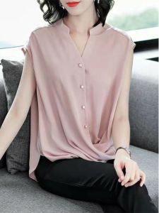 2024 New Summer Womens Chiffon Shirt Slimming Cover Belly Shoulder Sleeve Top Moms Chiffon Blouse Fashionable Elegant