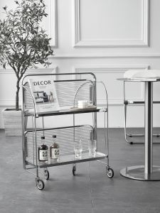 Stainless Steel Mid-Century Modern Mobile Bar Cart Glass Storage Coffee Table Folding Utility Rack Home Decor Display Shelf