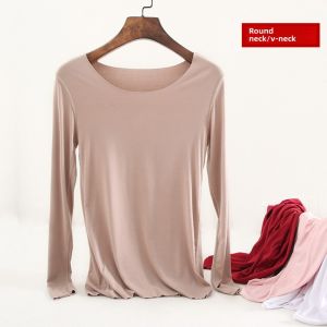 Seamless Modal round Neck Bottoming Shirt for Women Silm Slimming V-Neckline Inner Wear Blouse Long Sleeves Underwear Top Thin Plus Size T-shirt
