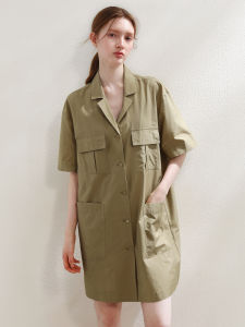 Miccbeirn | Silk Cotton Shirt Dress Simple Commute Casual Versatile Mid-Length Workwear Skirt Small Stature Dress Summer Season Solid Color