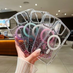 CrashStar MagSafe Gradient Sequin Glitter Transparent Hard Shockproof Phone Case For iPhone 15 14 Pro Max Plus 13 12 11 Pro Max Wireless Charging Phone Casing Fashion Phone Cover Shell