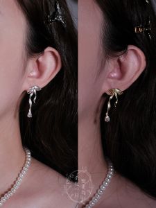 French Style Matte Metal Butterfly Knot Silk Ribbon Waterdrop Earrings Elegant Fresh out Fashion Jewelry for Women