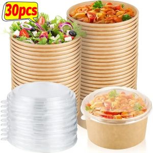 กล่องแพ็คเกจกระดาษคราฟท์หนาภาชนะบรรจุพร้อมฝาปิดอาหารแบบใช้แล้วทิ้ง30ชิ้นสำหรับบะหมี่ซุปสลัดชามกล่องข้าวกลางวันกลางแจ้ง