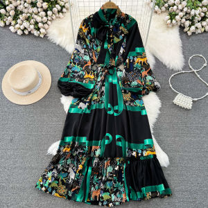 Lightly Mature Retro Elegant Lantern Long Sleeve Bows Shoelace Tight Waist A- line Printed Dress Elegance Long Skirt