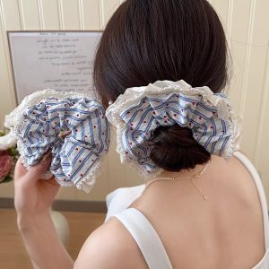 Kiểu Pháp ngọc trai pha ren trái tim sọc scrunchies nhẹ nhàng của phụ nữ Bun đầu dây buộc tóc thấp tóc đuôi ngựa Tie Phụ kiện tóc ngọt ngào