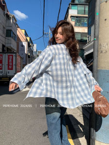 Blue Plaid Loose Long Sleeve Shirt Womens Summer 2025 New Style Pajama Fashion Outerwear Top Pepe Home Lazy Style Cardigan