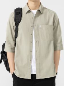 Áo Sơ Mi Nam Tay Bảy Cotton Nguyên Chất Thời Trang Thường Ngày Cổ Bẻ Có Túi Áo Khoác Ngoài Đa Năng Mùa Hè Thoáng Khí