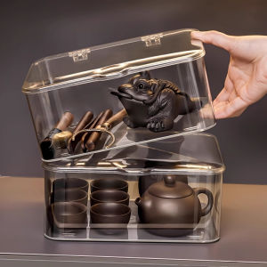 กล่องเก็บของสำหรับเครื่องดื่มชาแบบโปร่งใสพร้อมฝาปิดป้องกันฝุ่นสำหรับจัดระเบียบชาน้ำชาแบบกังฟู ชั้นวางของสำหรับชาน้ำชา
