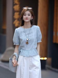 French Lace Trim Short Sleeve Womens Blouse Slim Petite Sweet Youthful