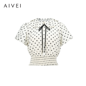 AIVEI | Sweet Petite Waist Cinched Polka Dot Chiffon Shirt