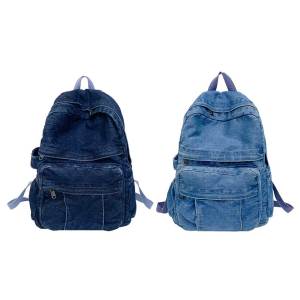 กระเป๋าสะพายไหล่ยีนส์ผู้หญิงกระเป๋าสะพายลายเรียบยีนส์สายรัดปรับระดับได้ความจุมากกระเป๋าเป้ใส่แล็ปท็อปกระเป๋าเป้สะพายหลังสำหรับทุกวันของผู้หญิง