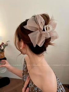 Mesh Bow Grab Clip Female 2023 Hair Headdress Classy Shark Large Size