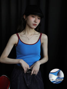 Blue Contrast Color U-Neck Womens Tank Top with Chest Pad Summer Design Outerwear Base Layer Cotton Blend Comfortable Vest