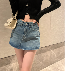 Slimming A-Line Denim Mini Skirt for Women Spring Autumn High Waist Anti-Light Large Size Trendy Short Skirts Commute Style