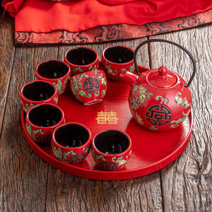 Red Chinese Ceramic Tea Set Wedding Celebration Double Happiness Groomess Gifts New Bride Wedding Supplies Tea Pot Serving Cups