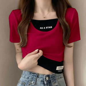 Ice Silk Ribbed Short Sleeve T-Shirt Womens Slim Fit Short Length Fashionable Top Summer Design Trendy Contrast Color Commute