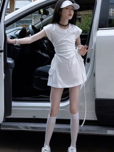 Girls Summer A-Line Skirt Dress Drawstring Waist Slimming Korean Style Mid-Term Childrens Fashionable Short Sleeve round Neck