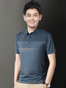 ROMON | Lormen Mens Ice Silk Short Sleeve Polo Shirt Summer Style With Collar Dad Clothes Casual Top Business Gentleman Style Striped Pattern