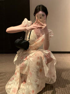 French Gentle Style Printed Belted Dress Summer Design Slimming Long Skirt Soft Medium Short Sleeve V-Neck City Commute Daily