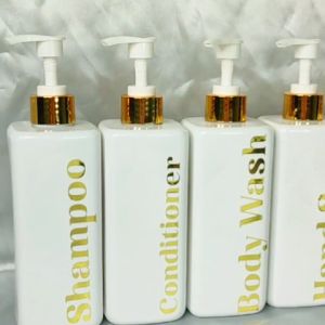 WHITE Pump Container/Dispenser 500 ml Capacity | Shampoo and Conditioner Minimalist White Gold Elegant Waterproof Label