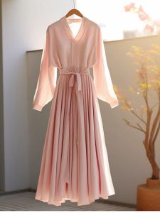 Elegant French Style V-Neck Long Dress Pink Chiffon Shirt Dress Waist-Cinching Holiday Beachwear Fairy Tale Skirt for Women