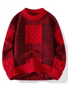 ROMON | Romon Mens Knitted Sweater Round Neck Big Red Color 2024 Dragon Year Base Layer Fashionable Winter Casual Loose Fit Style