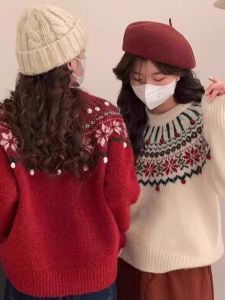 Christmas Atmosphere New Year Red Retro Fair Isle Knitwear Womens Autumn Winter Thickened Loose Wool Sweater Inner Wear