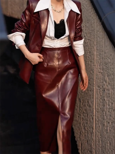 Elegant American Style High Waist Asymmetrical Leather Skirt Fashionable Split Design Midi Length Trendy Half-length Skirt