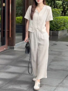 Shalldoer | Casual Linen Set Women Summer Pure Color Fashion Simple Short Sleeve Shirt Wide Leg Pants Two Piece Set V Neck Buttoning Closure