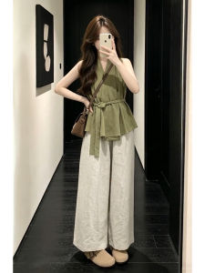 SUSIEYUAN | Summer OOTD Matching Green Sleeveless Tank Top and Wide Leg Pants Outfit