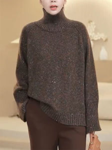 QINGNAER | Soft Nostalgic Lazy Style Big Size Brown Turtleneck Sequined Sweater