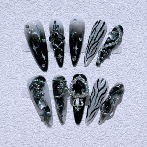 Y2K Spicy Girl Wearable Nail Art Handmade Dark Blue Heart Butterfly Knot Detachable Fake Nails Easy Application Nail Stickers